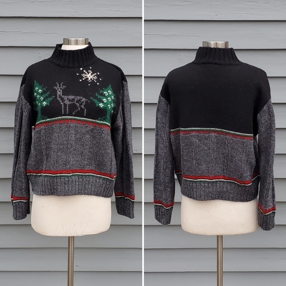 Vintage 90s y2k‎ Christmas Winter Season Reindeer Forest Wool Turtleneck Sweater